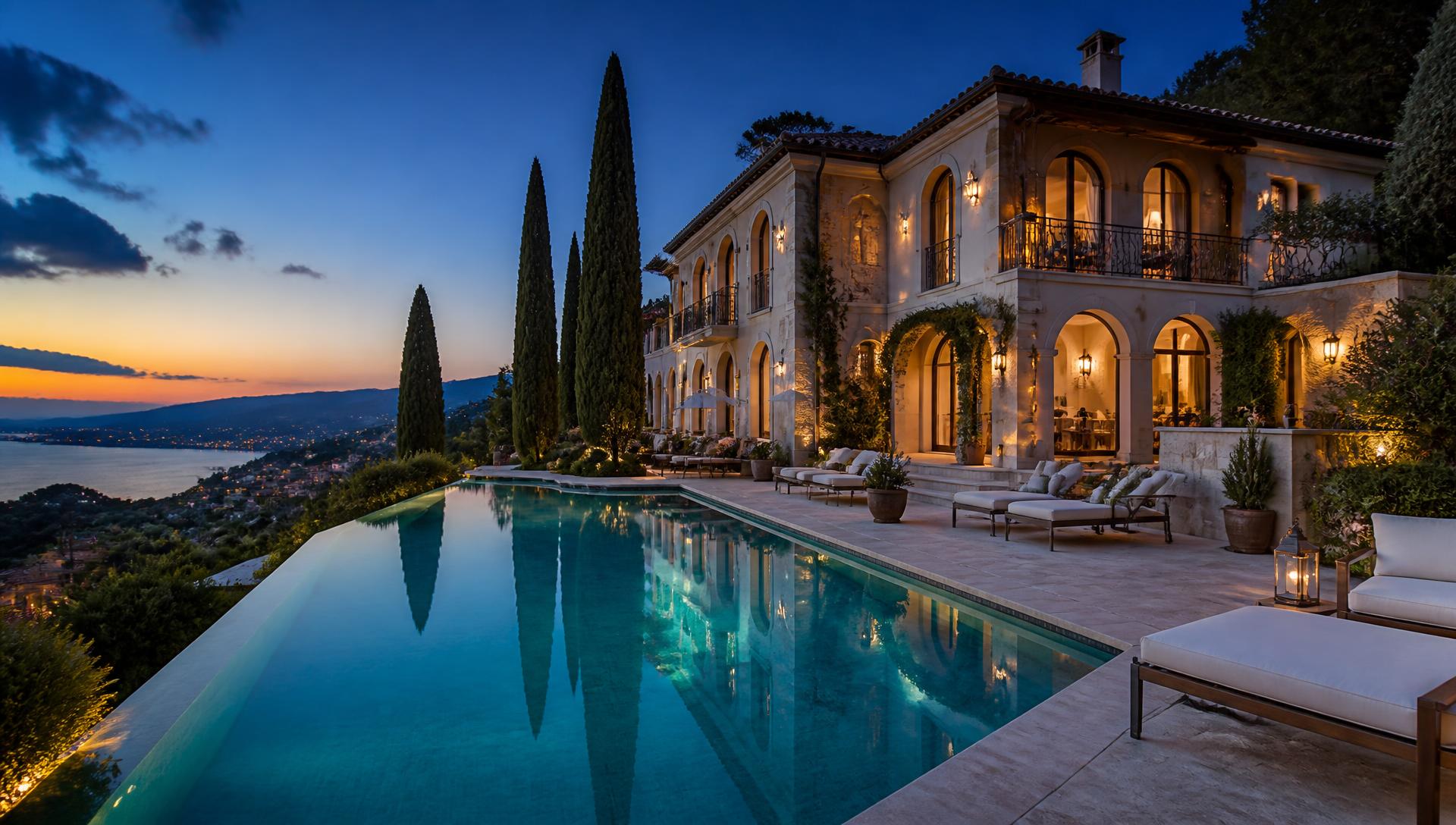 Villa de prestige avec piscine à débordement au crépuscule